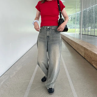Gray wash denim wide pants