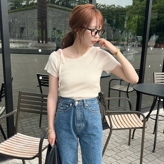Asymmetrical Ribbon Short-Sleeve Knit