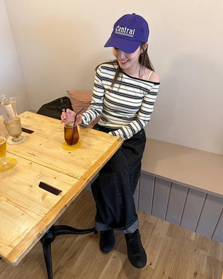 Half-off-shoulder striped T-shirt
