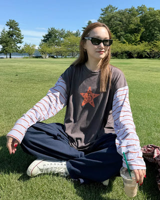 Vintage star print sleeve striped T-shirt