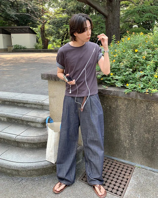 One-tuck indigo wide denim pants