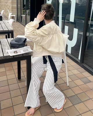 Striped string point wide-leg pants with elastic waistband