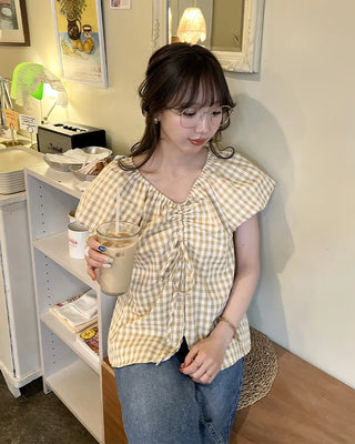 Checked Shirred V-Neck Blouse
