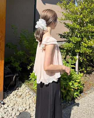 Frilled ribbon chiffon off-shoulder blouse