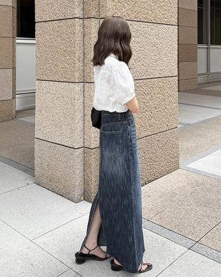 Washed denim long skirt