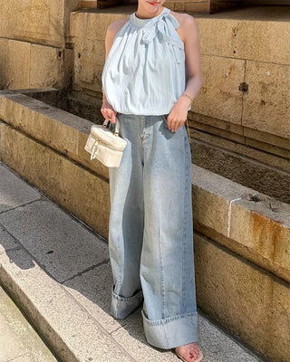 Rolled-up wide-leg denim pants