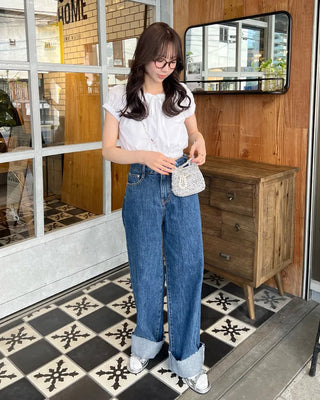 Rolled-up denim wide-leg pants