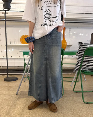 Slit maxi denim skirt