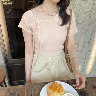 Asymmetrical Ribbon Short-Sleeve Knit