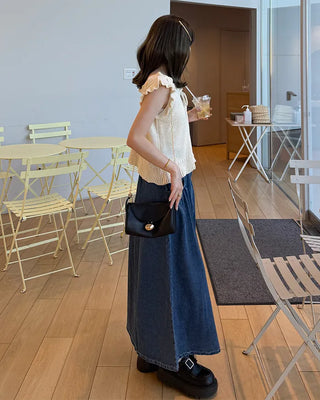 Elastic waist pocket midi denim skirt