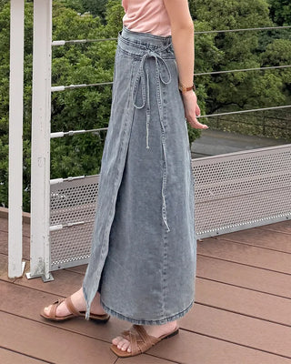 Wrap long denim skirt