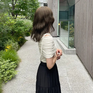 Ribbon open shoulder T-shirt