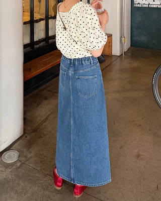 Asymmetrical 3-button denim long skirt