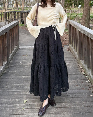 Perforated lace long skirt