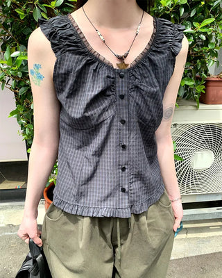 Lace shoulder shirred sleeveless blouse