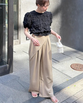 Wrap-design pleated wide slacks