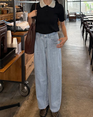 Pearl-embellished color-accented short-sleeved knit