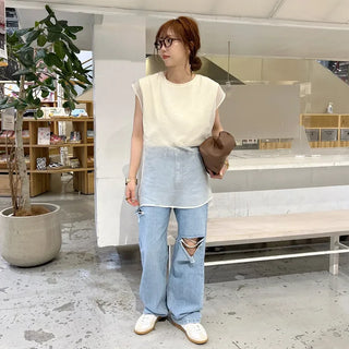 Distressed straight denim pants