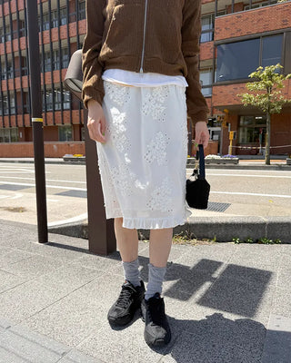 Flower punching frill midi skirt