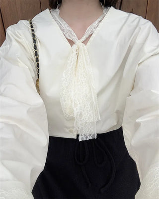 Lace tie set V-neck cotton blouse