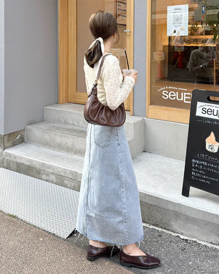 Front slit slim fit denim long skirt