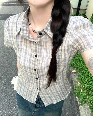 Chest Shirring Check Short-Sleeve Shirt
