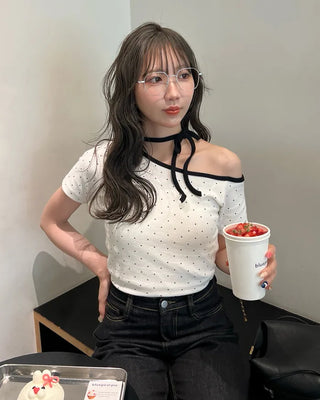 One-shoulder polka dot neck string short-sleeve T-shirt