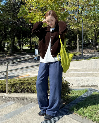 Suede stripe elastic waist pants