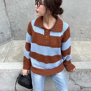 Striped button collar knit