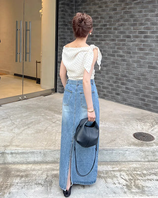 H-line elastic waist long denim skirt