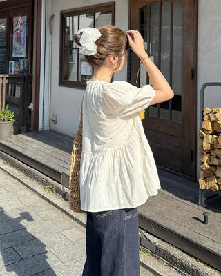 Scalloped lace embroidered peplum blouse