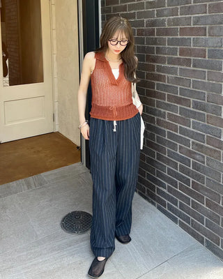 Striped wide banding pants