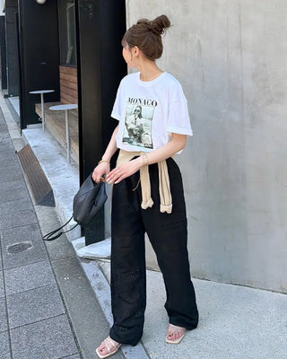Perforated detail elastic waist easy pants
