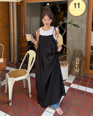 Ribbon Strap Shirred Gathered Dress