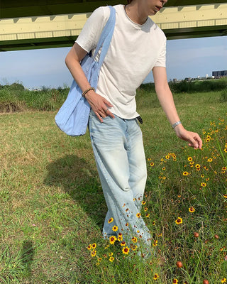 Washed denim pants with double back pockets