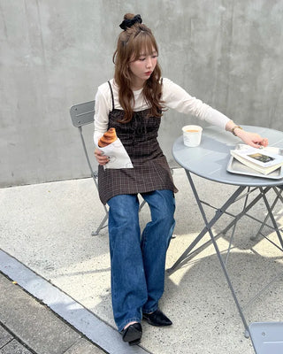 Shirred check sleeveless mini dress