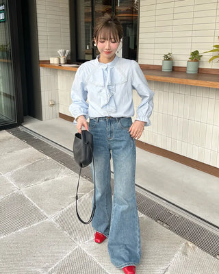 Lace Ribbon Henley Neck Blouse