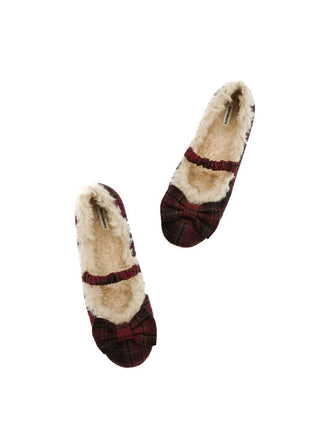 [Moromoro2] Plaid Bow Fur-Lined Ballet  Flats
