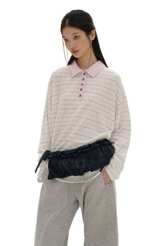 [Moromoro2] Striped Polo Long Sleeve Tee with Star  Buttons