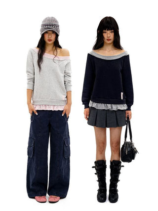 [Moromoro2] Faux Two-piece Off-shoulder Ruffle  Sweatshirt