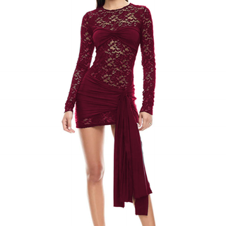 Long sleeve ruched lace knotted mini dress