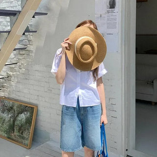 Cotton cropped short-sleeved shirt