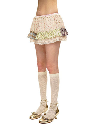 [Moromoro2] Patchwork Ruffle Floral Mini  Skirt