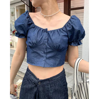 Denim puff blouse