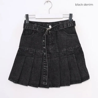 Belted denim pleated skirt