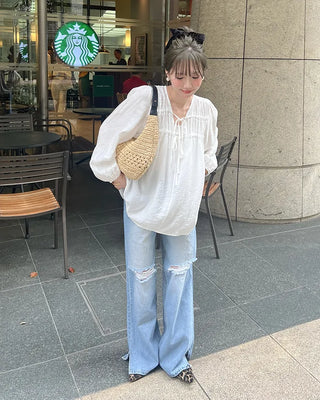 Shirred V-neck long blouse