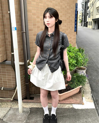 Denim Shirred Short-Sleeve Shirt