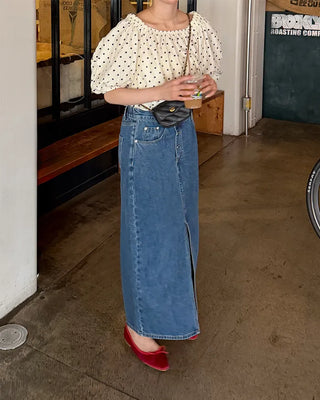 Asymmetrical 3-button denim long skirt