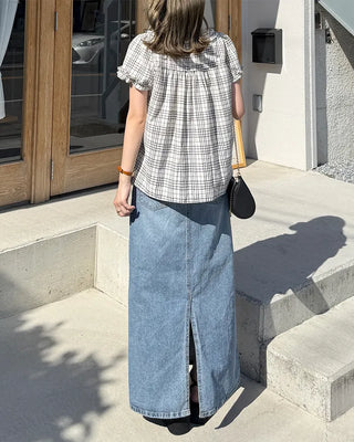 Front Ribbon Check Puff Sleeve Top