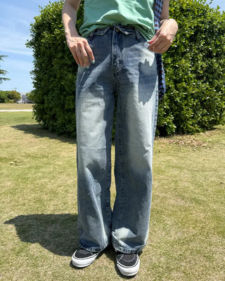 (Unisex) Fold Detail Washed Denim Pants